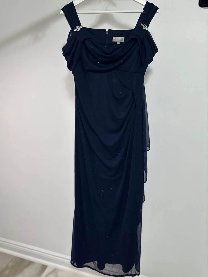 Laura Navy Blue Shimmer Off Shoulder Formal Dress - photo 4