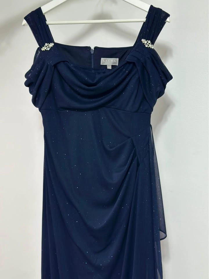 Laura Navy Blue Shimmer Off Shoulder Formal Dress - photo 5