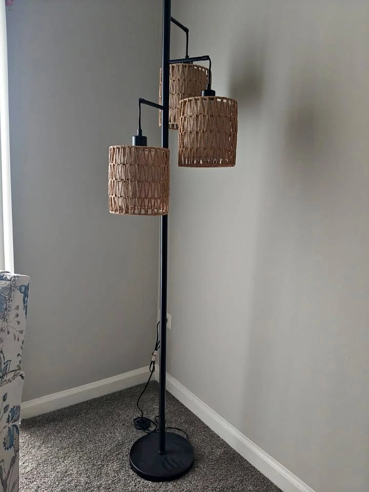 65" Boho Farmhouse Rattan Tree Floor Lamp, 3-Light Black Standin