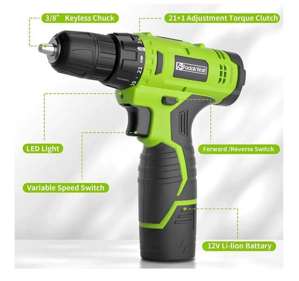 FADAKWALT Cordless Drill Set, 12V Power Drill w/ Battery & Charg