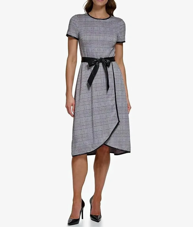 DKNY Plaid Midi Dress with Leather Belt