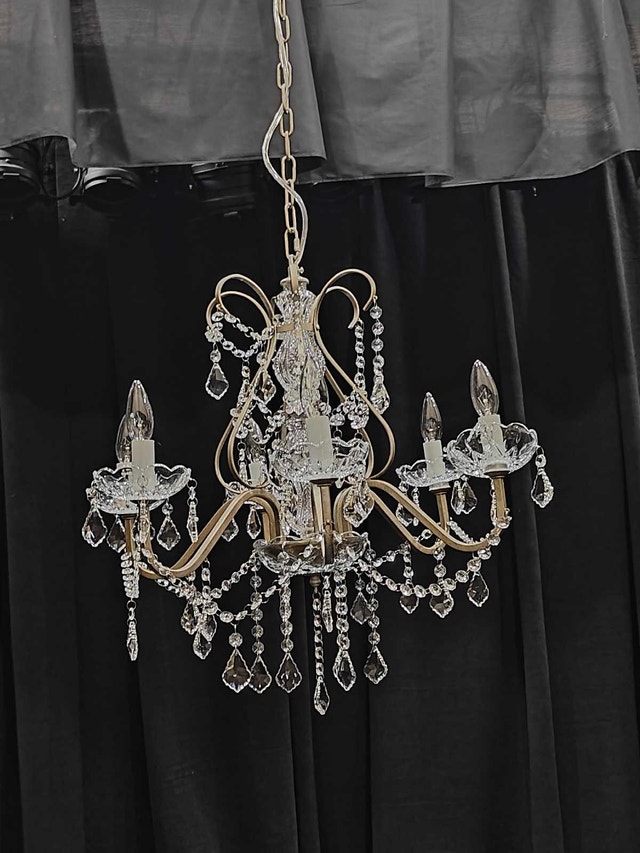Elegant 5-Bulb Chandelier with Brass Frame and Crystal Accents