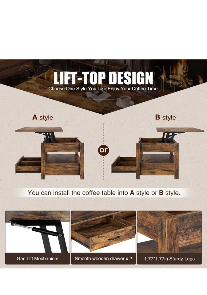 Rustic Lift Top Coffee Table w Storage Drawers Shelf - photo 2
