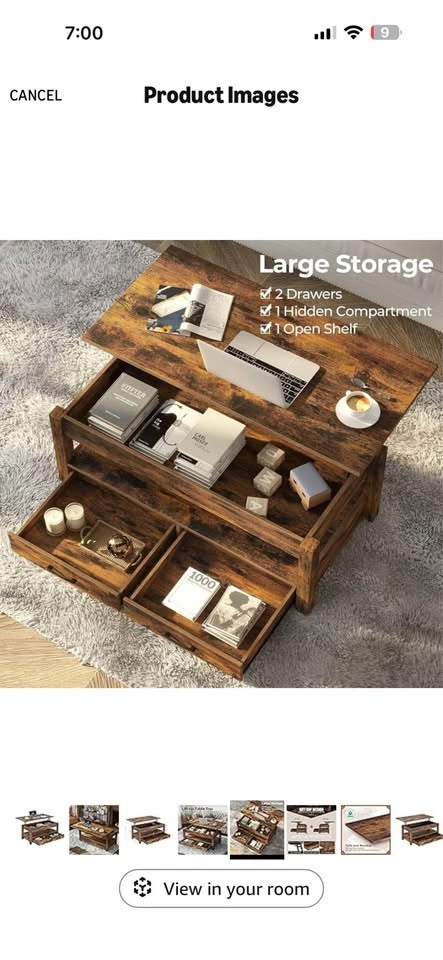 Rustic Lift Top Coffee Table w Storage Drawers Shelf - photo 3