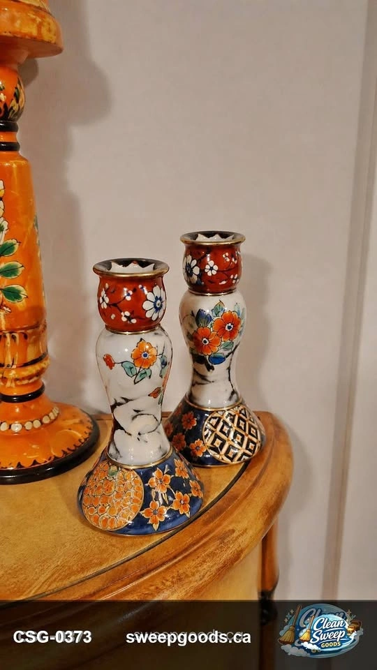 Decorative Floral Ceramic Candlestick Holders - Pair