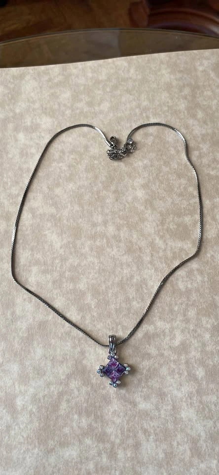 Butler Stamped Silver Necklace with Purple Amethyst Rhinestones