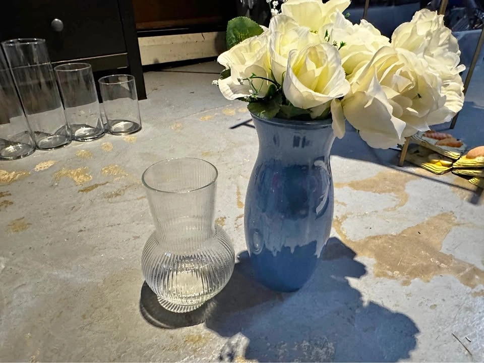 Blue Ceramic Vase with Artificial Roses and Ribbed Glass Vase