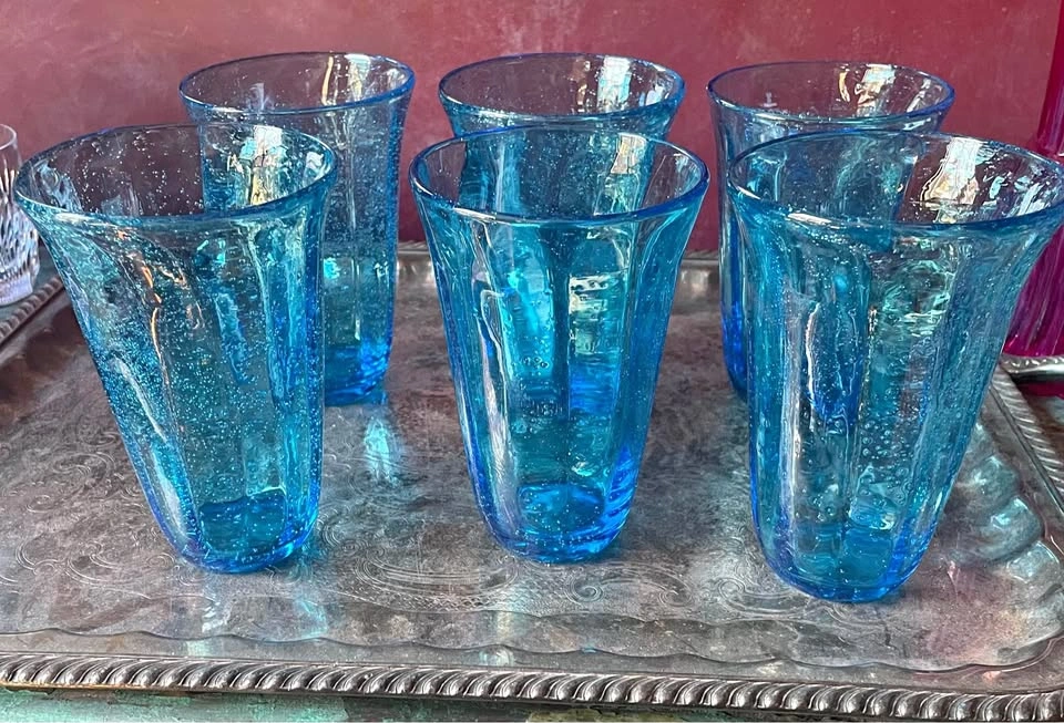 Set of 6 Beautiful Turquoise Handblown Highball Glasses