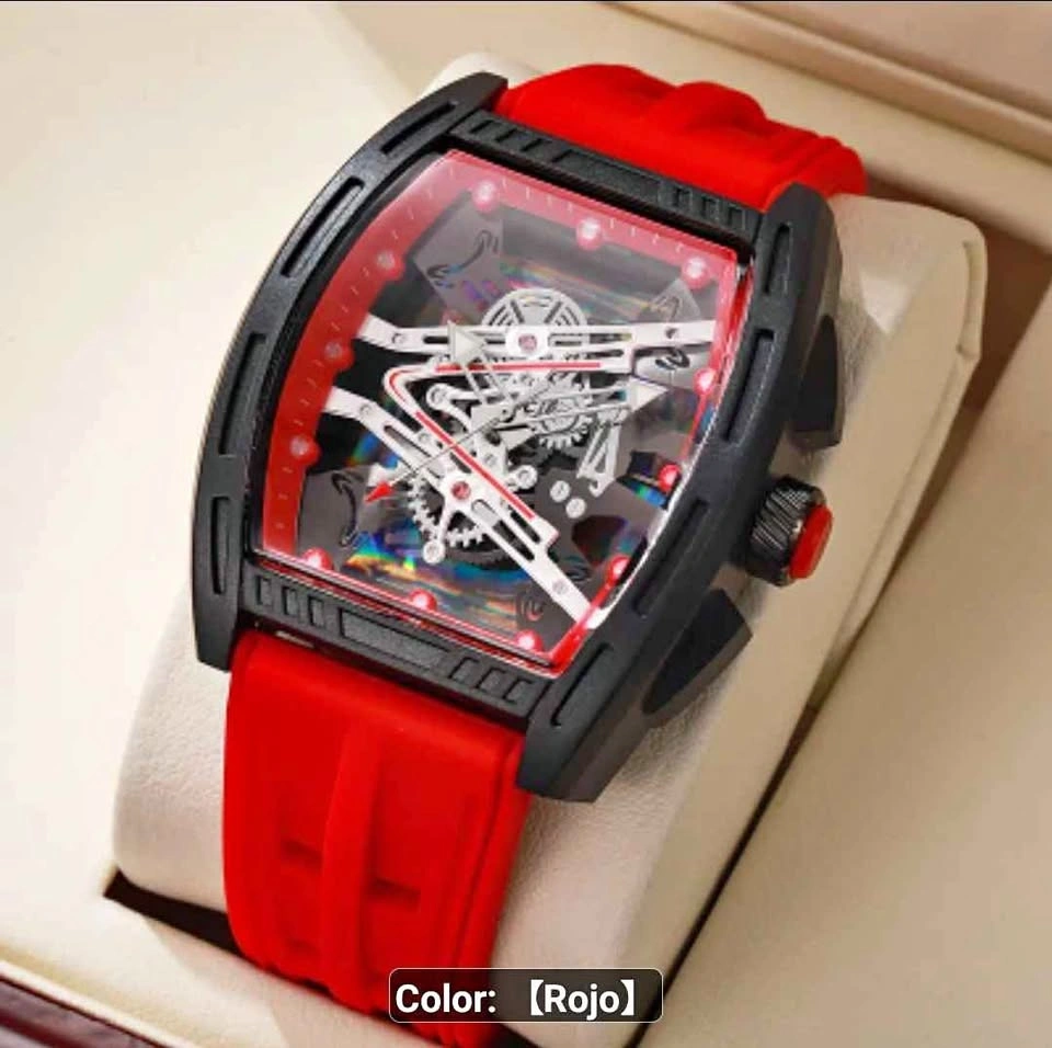 Tonneau Skeleton Analog Sports Wristwatch Red Silicone Strap Bla