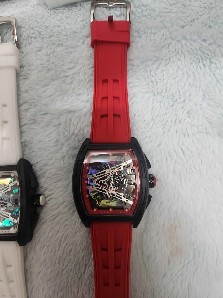 Tonneau Skeleton Analog Sports Wristwatch Red Silicone Strap Bla - photo 2