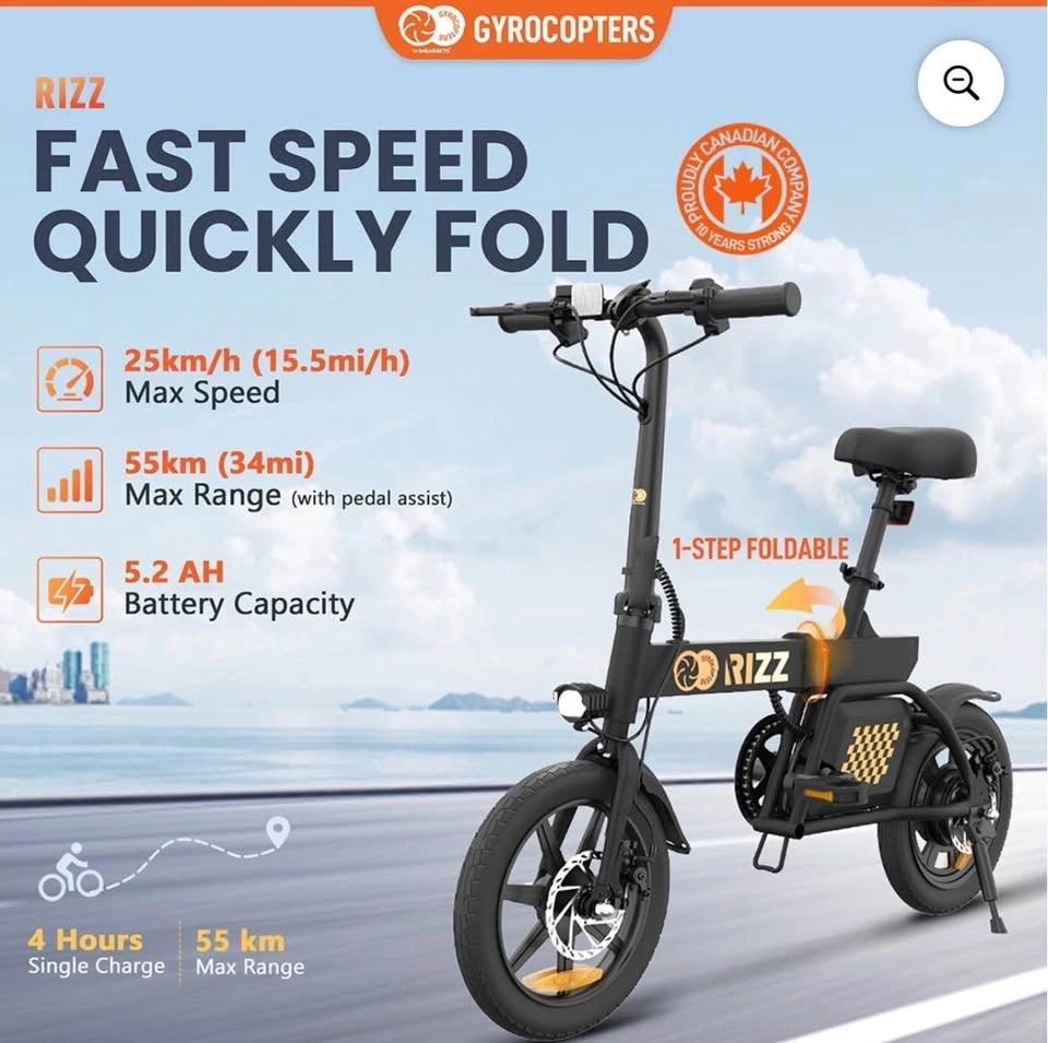 Gyrocopters Rizz Foldable Electric Bike - 55KM Range, 25KM/H, UL - photo 2