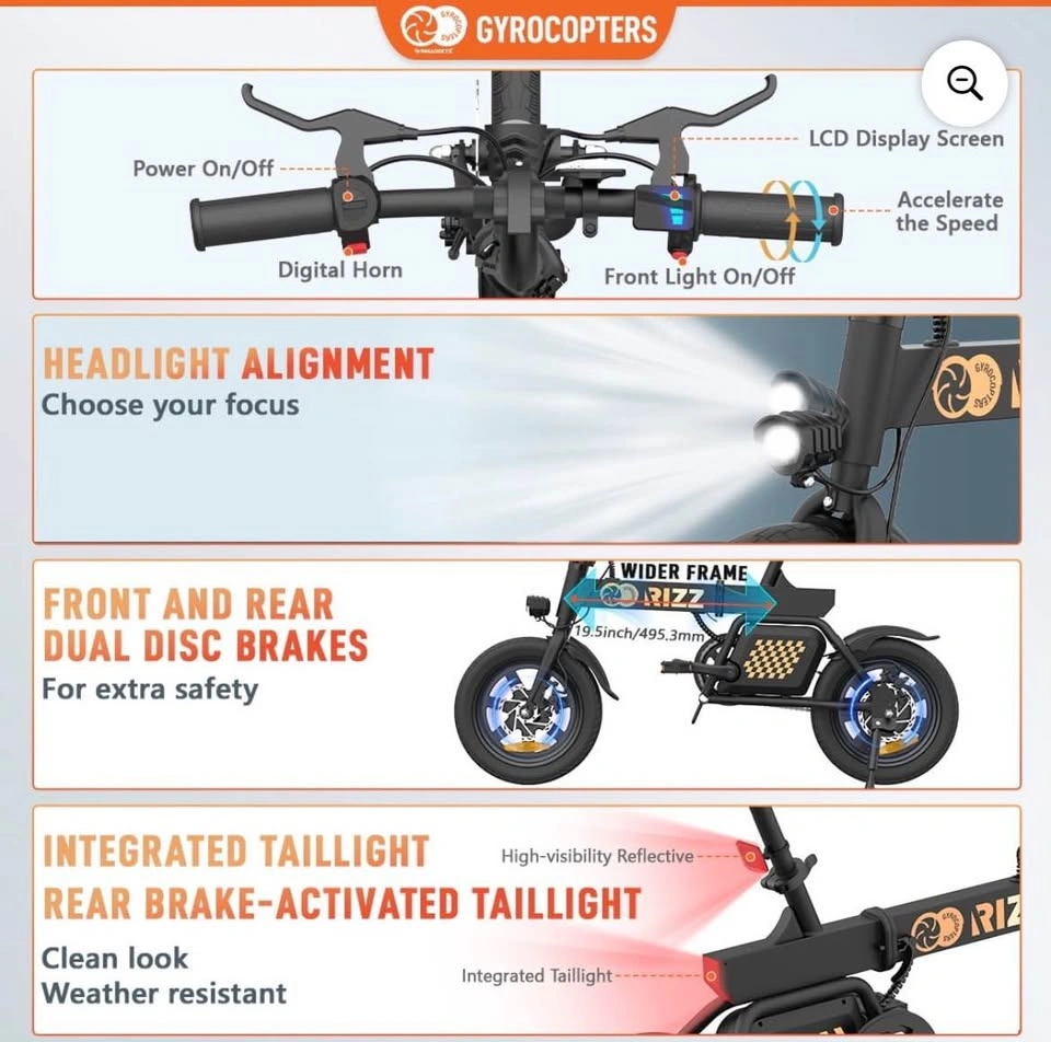 Gyrocopters Rizz Foldable Electric Bike - 55KM Range, 25KM/H, UL - photo 4