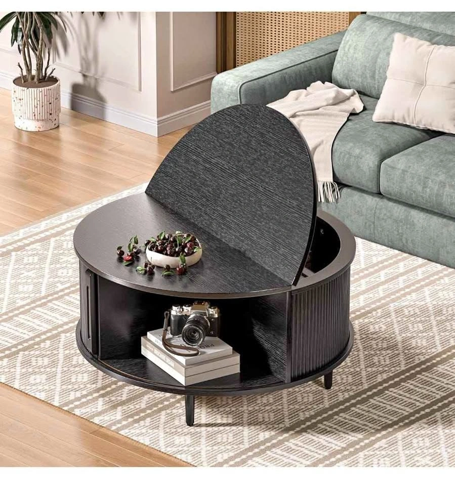 Round Coffee Table, 31.5" Fluted Center Table with Storage