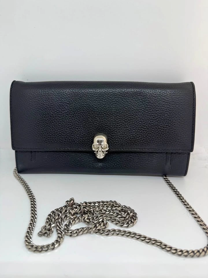 Alexander McQueen Skull Chain Wallet Clutch Black Leather