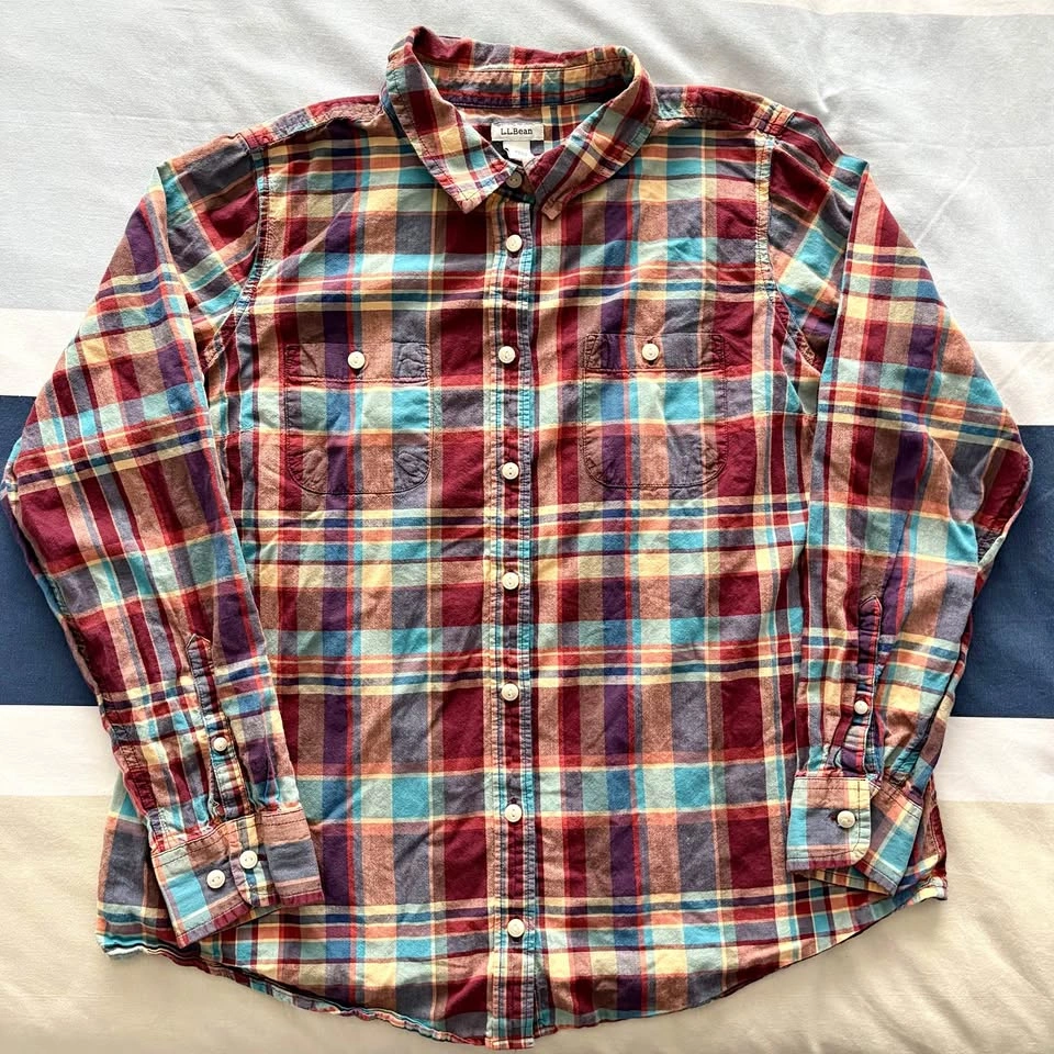 LL Bean Boys Large Plaid Long-Sleeve Oxford Button Up Shirt