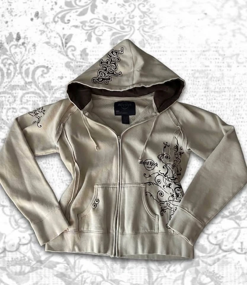 Vintage Y2k Hard Rock Cafe New York cream zip up hoodie Size M