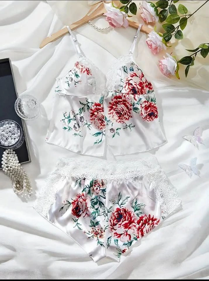 Women’s Floral Satin Lace Patchwork Lingerie Set