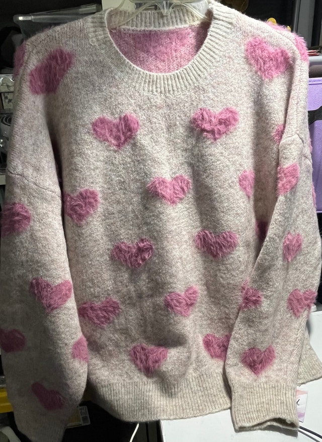 Chichwish Soft Fuzzy Knit Sweater - Beige/Pink Hearts