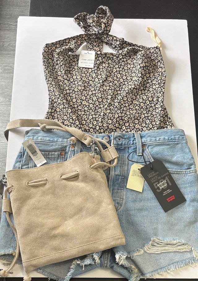 3pcs Set: Free People Top, Levi's Shorts, Suede Purse