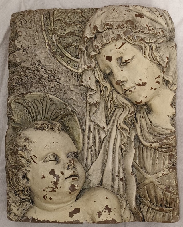 Wax Pillar Candle Sculpture Madonna Mary & Child Pale Green 7x6x