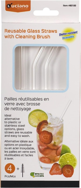 Luciano Sip 4 Reusable Glass Straws w/ Brush