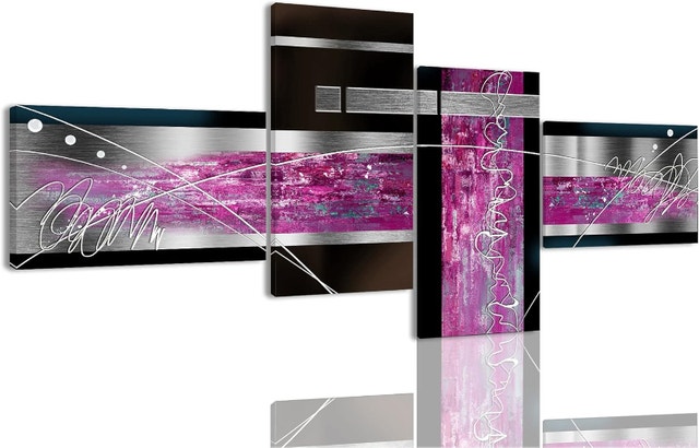 Large 4 Piece Abstract Wall Art - Black/Grey/Purple Canvas