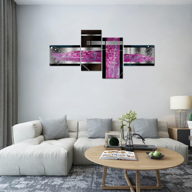 Large 4 Piece Abstract Wall Art - Black/Grey/Purple Canvas - photo 2