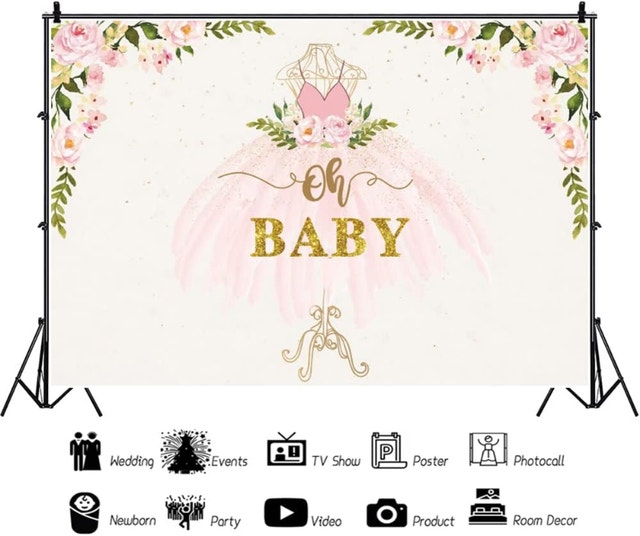 NEW 5x3ft Ballet Girl Oh Baby Shower Backdrop Polyester Pink