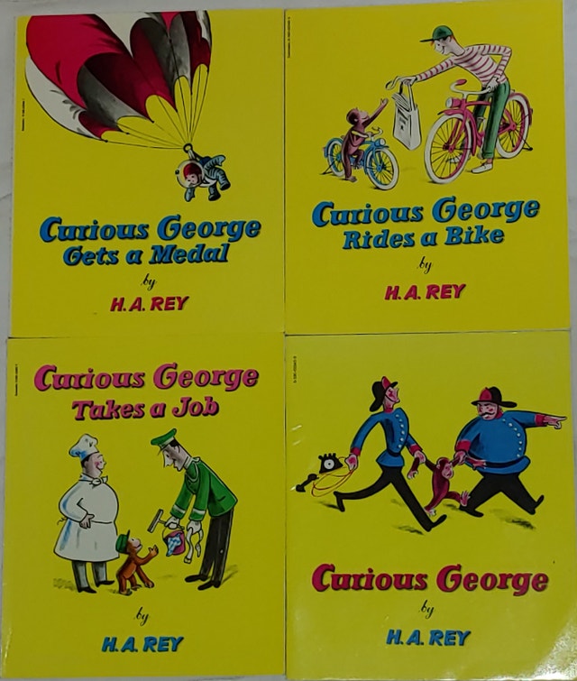 4 Curious George Books - Gets Medal, Ride Bike, Takes a Job