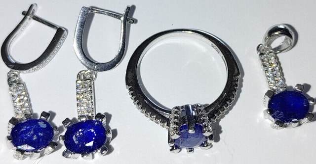 925 Silver Cubic Zirconia, Sapphires, Earrings, Pendant, Ring