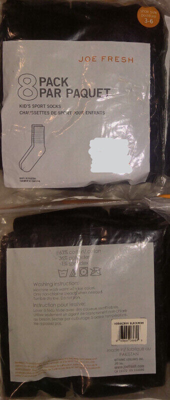 Kids Black Sports Socks (8 Pack, Shoe Size 3-6)