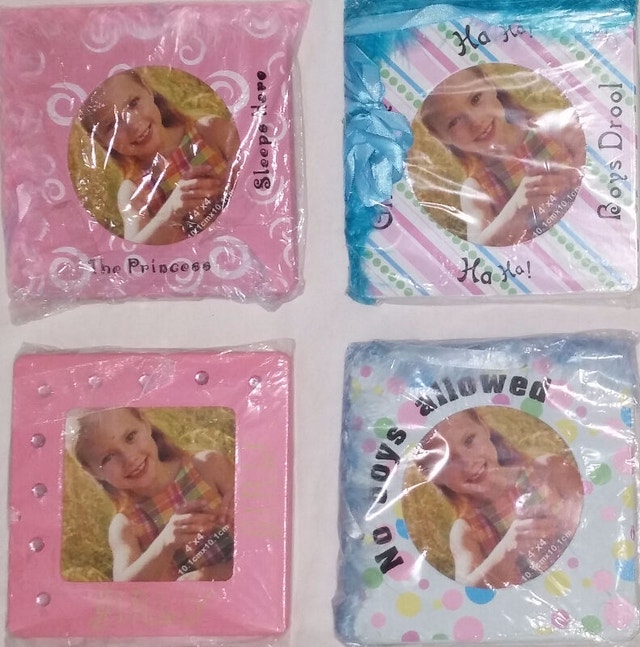 Qty 4 x Wood Picture Frames Pink & Blue Feathers, fur gems NEW