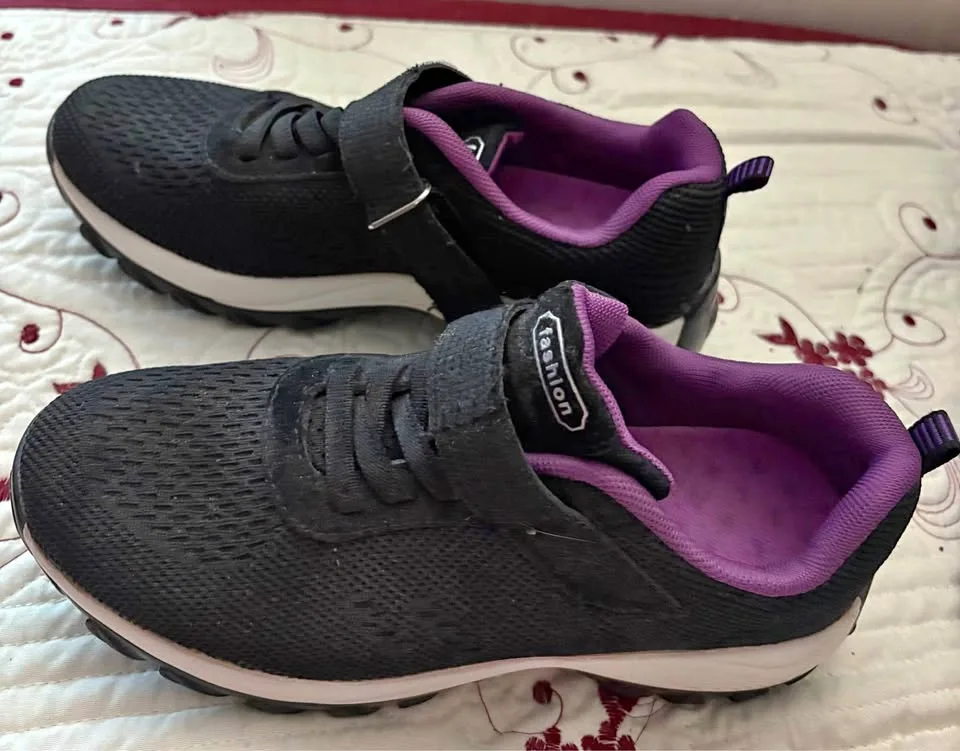 Fashion shoe upper black with strap closure lilac color edge thumbnail