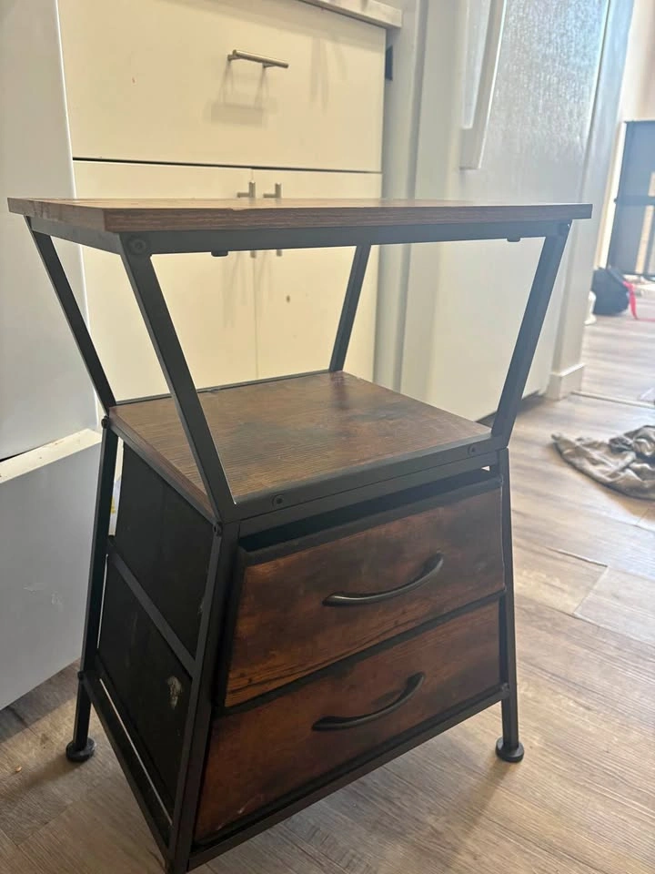 Industrial Nightstand with 2 Drawers and Open Shelf