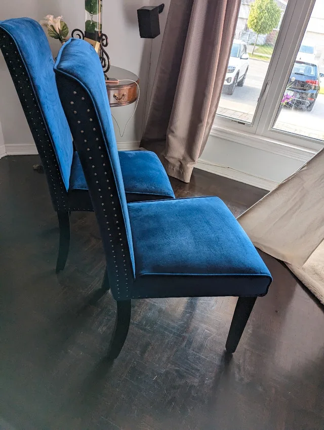 2 BLUE FABRIC WOODEN TUFFED MATCHING CHAIRS image indicator(3)