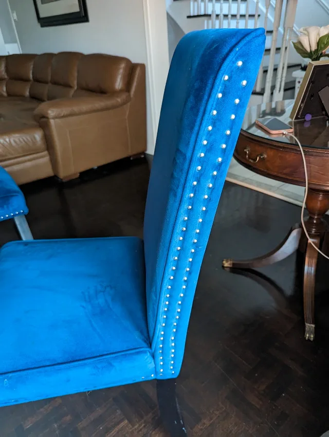 2 BLUE FABRIC WOODEN TUFFED MATCHING CHAIRS image indicator(5)