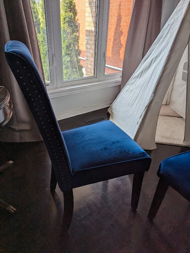 2 BLUE FABRIC WOODEN TUFFED MATCHING CHAIRS image indicator(6)