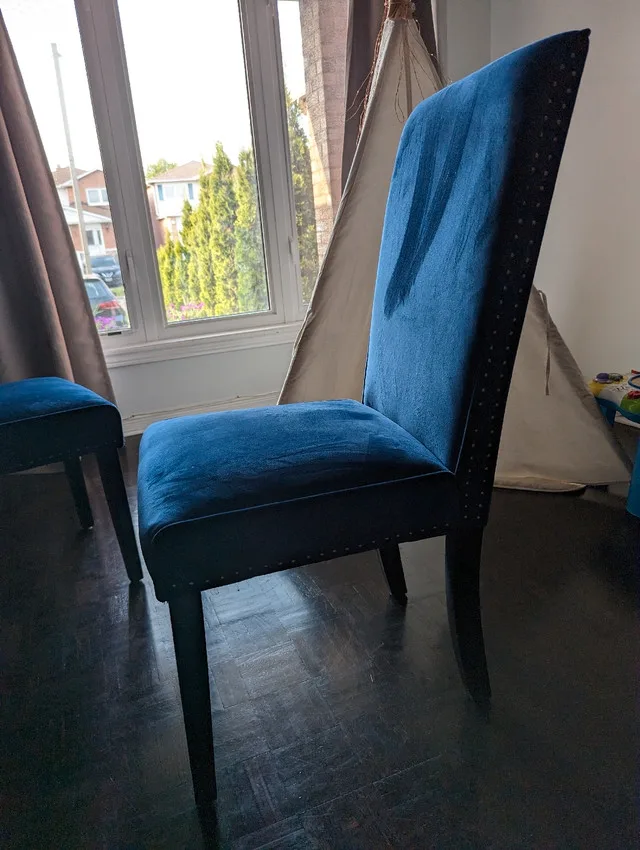 2 BLUE FABRIC WOODEN TUFFED MATCHING CHAIRS image indicator(7)