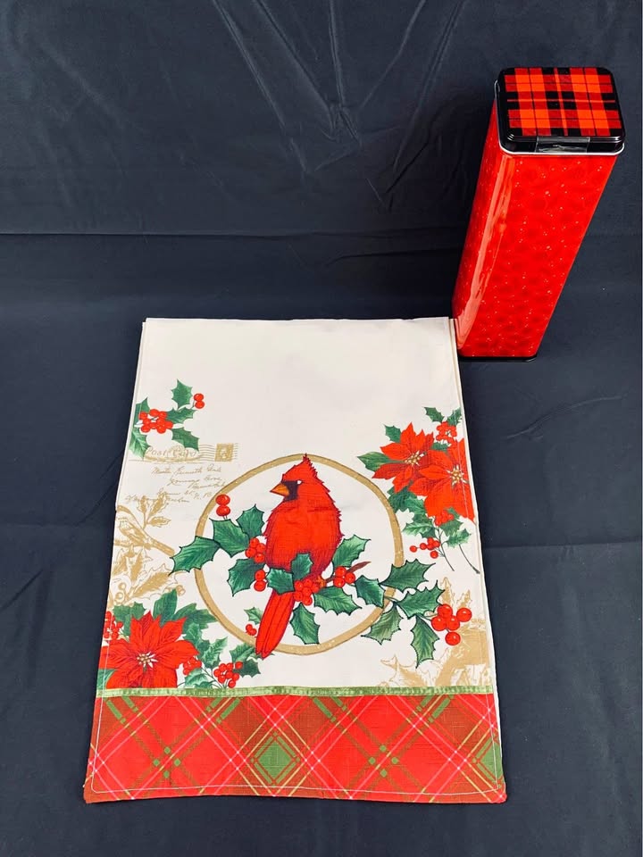 Christmas Cardinal Holly Table Runner & Red Tin Box