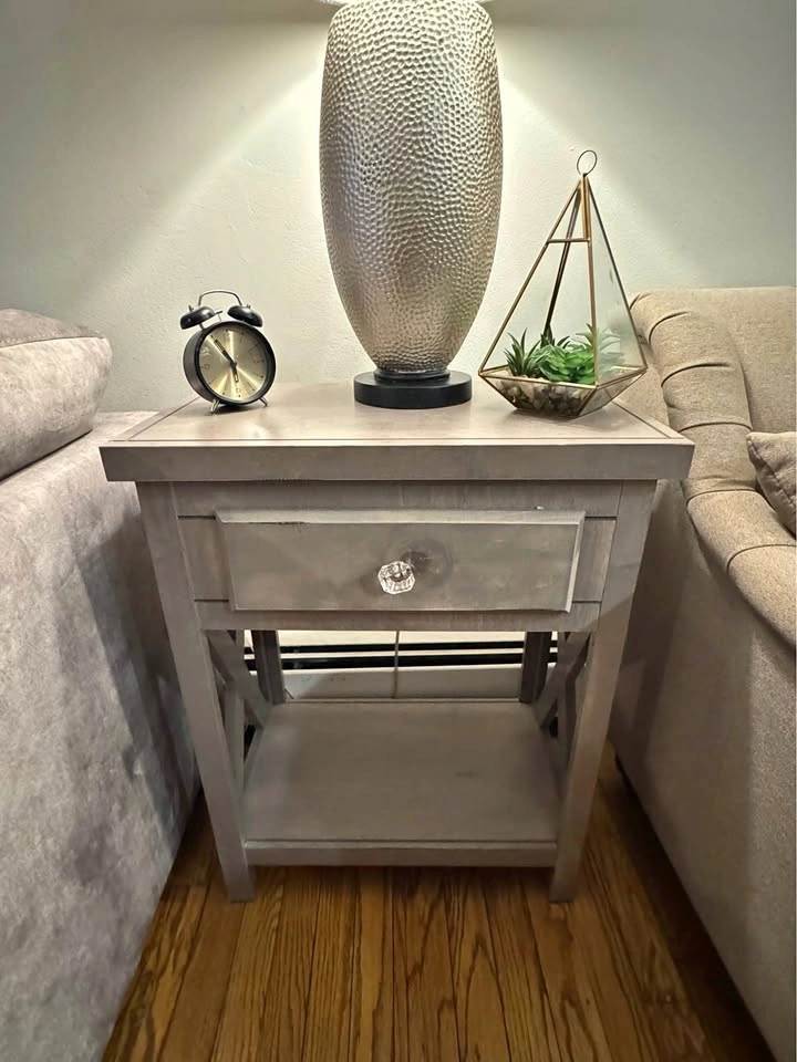 Gray Wood End Table with Drawer + Shelf