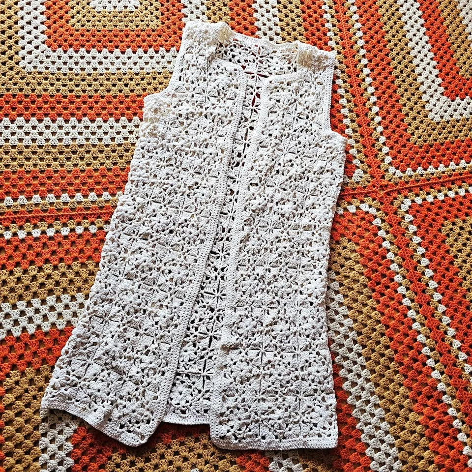 Vintage Crochet Handmade Longline Vest Cream Boho Open Knit