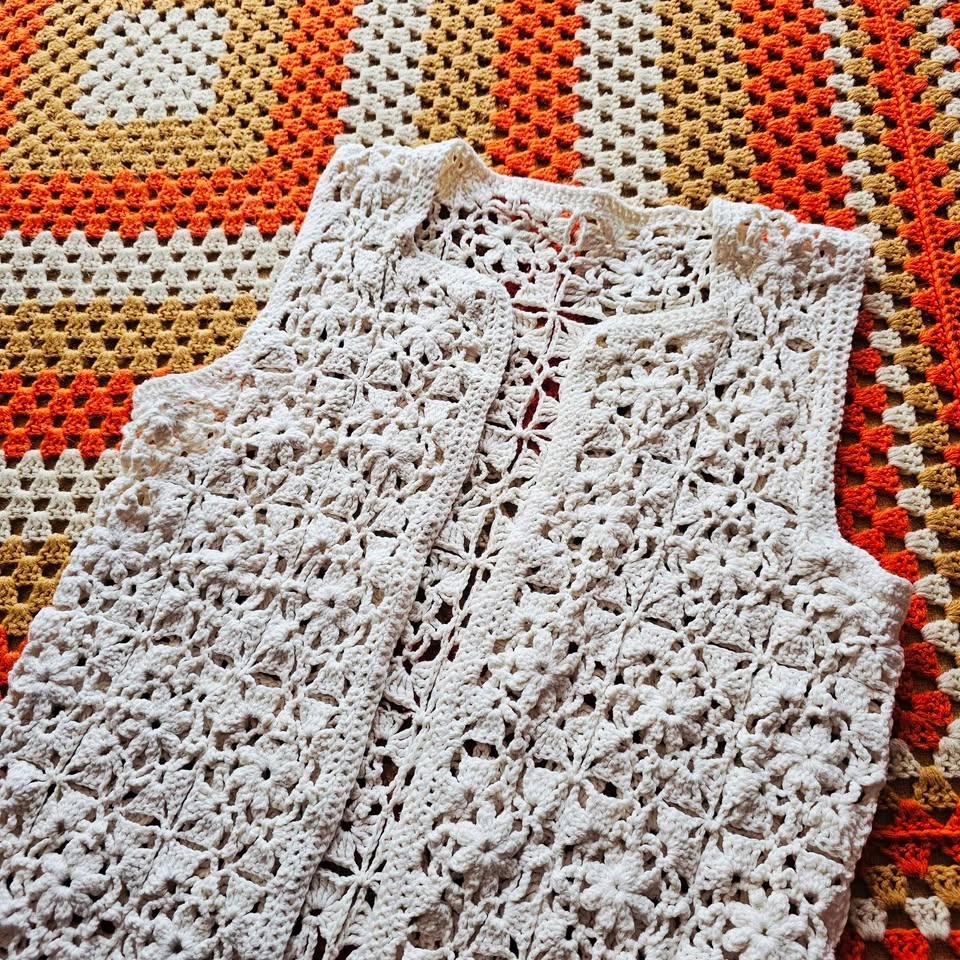 Vintage Crochet Handmade Longline Vest Cream Boho Open Knit - photo 2