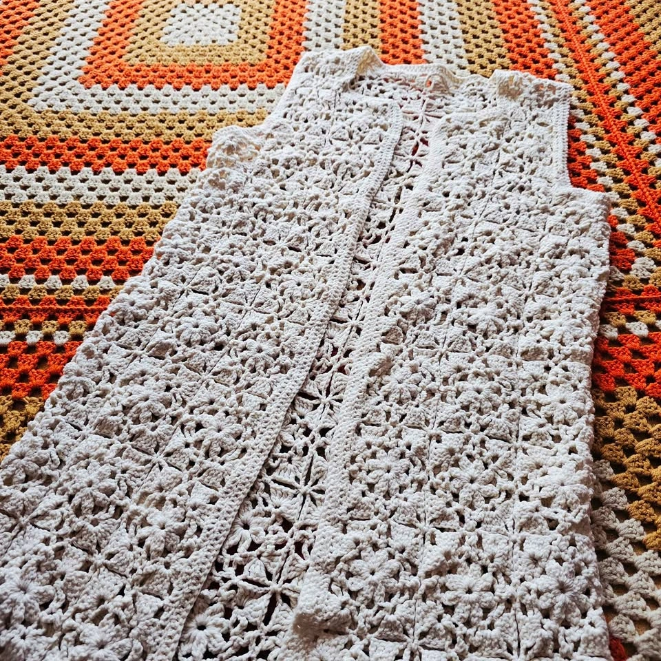 Vintage Crochet Handmade Longline Vest Cream Boho Open Knit - photo 3