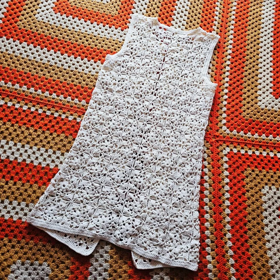 Vintage Crochet Handmade Longline Vest Cream Boho Open Knit - photo 5
