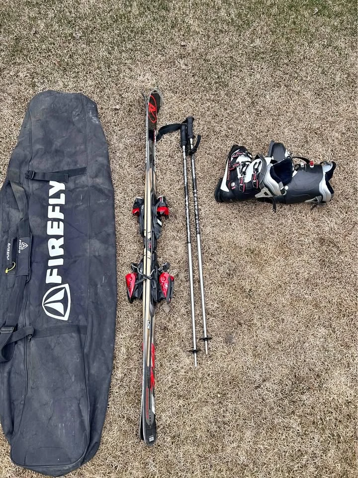 Skis, Poles, Boots, and Bag