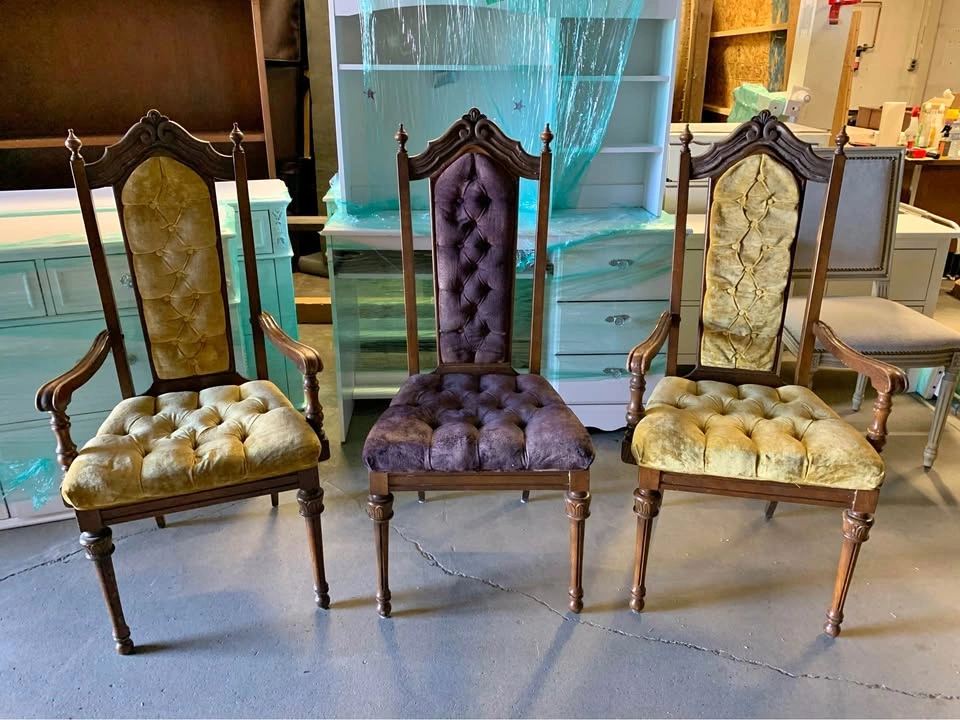 3 Vintage Upholstered Accent or Dining Chairs - Yellow/Gold & Pu