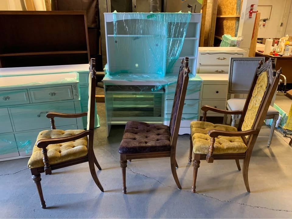 3 Vintage Upholstered Accent or Dining Chairs - Yellow/Gold & Pu - photo 2