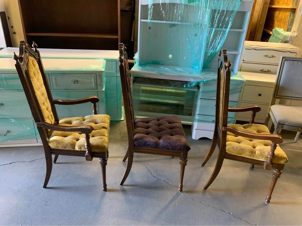 3 Vintage Upholstered Accent or Dining Chairs - Yellow/Gold & Pu - photo 4