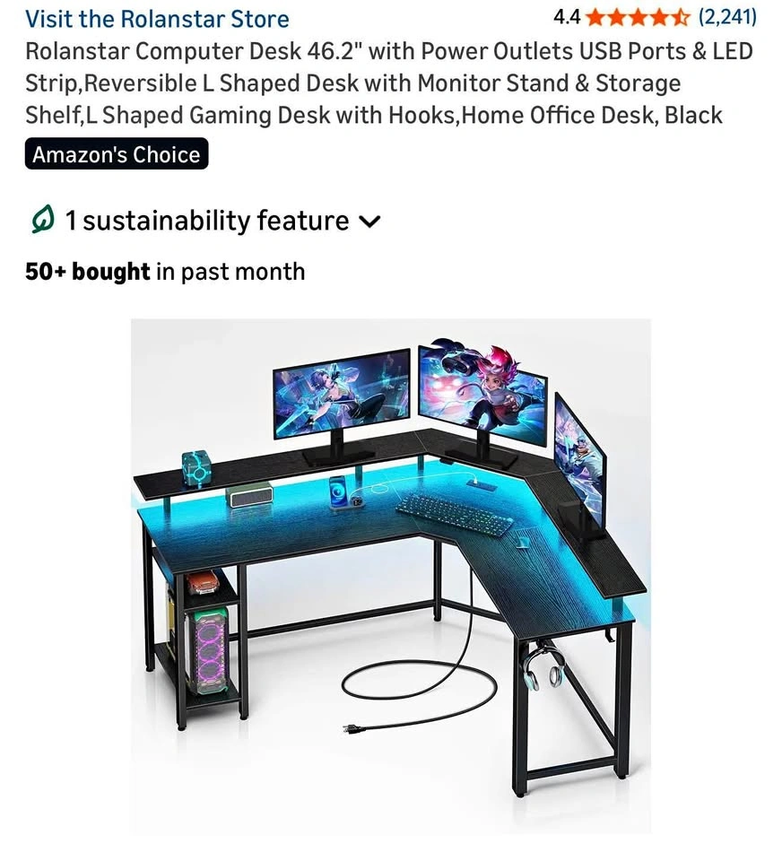 L-Shaped Computer Desk with LED Lights & Power Outlets