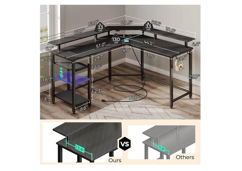 L-Shaped Computer Desk with LED Lights & Power Outlets - photo 2